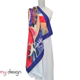  Square silk scarf with abstract pattern and charcoal blue border